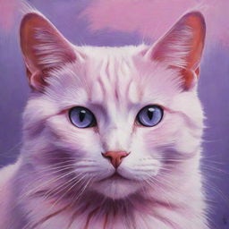 A captivating painting of a pink and purple cat with mesmerizing pink eyes.