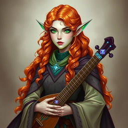 Dungeons and Dragons illustration: a tall, elegant young female elf with pale, ethereal skin, bright emerald green eyes, and long, curly hair of vibrant orange and reddish hues