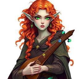 Dungeons and Dragons illustration: a tall, elegant young female elf with pale, ethereal skin, bright emerald green eyes, and long, curly hair of vibrant orange and reddish hues