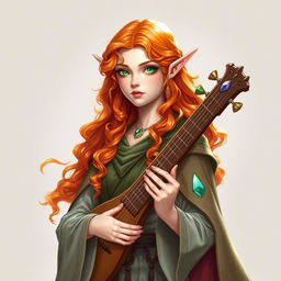 Dungeons and Dragons illustration: a tall, elegant young female elf with pale, ethereal skin, bright emerald green eyes, and long, curly hair of vibrant orange and reddish hues