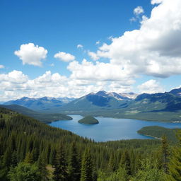 A beautiful landscape featuring a serene lake surrounded by lush green forests and majestic mountains in the background under a clear blue sky with fluffy white clouds