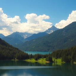 A beautiful landscape featuring a serene lake surrounded by lush green forests and majestic mountains in the background under a clear blue sky with fluffy white clouds