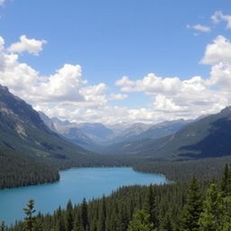 A beautiful landscape featuring a serene lake surrounded by lush green forests and majestic mountains in the background under a clear blue sky with fluffy white clouds