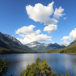 A beautiful landscape featuring a serene lake surrounded by lush green forests and majestic mountains in the background under a clear blue sky with fluffy white clouds