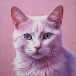 A captivating painting of a pink and purple cat with mesmerizing pink eyes.