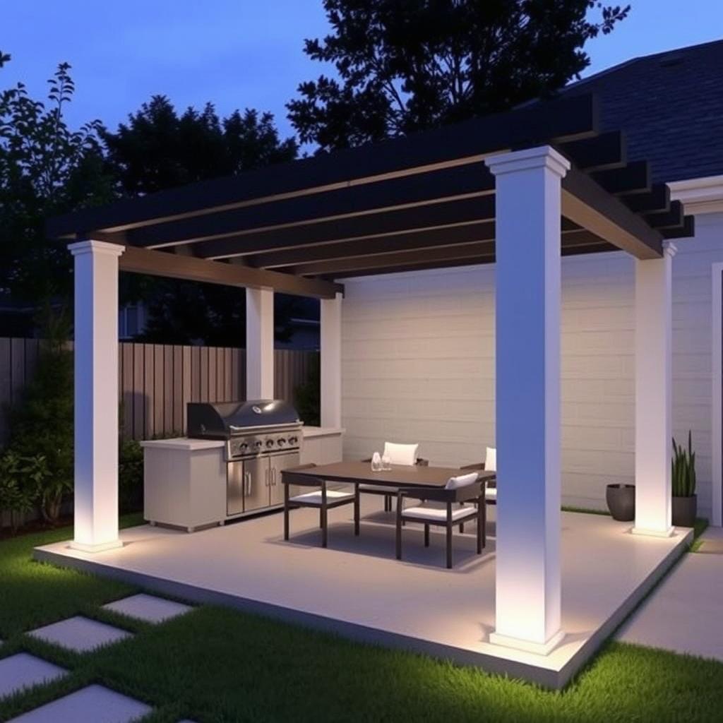 A minimalist pergola located in the backyard, designed for weekend barbecues