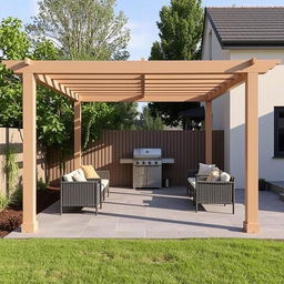 A minimalist pergola located in the backyard, designed for weekend barbecues