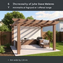 A minimalist pergola located in the backyard, designed for weekend barbecues