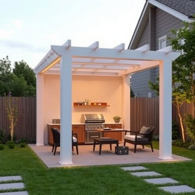 A minimalist pergola located in the backyard, designed for weekend barbecues