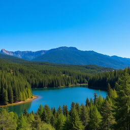 A beautiful landscape featuring a serene lake surrounded by lush green forest, with a clear blue sky and mountains in the background