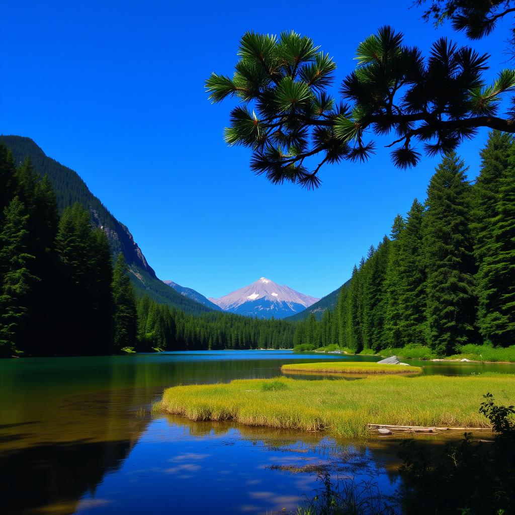 A beautiful landscape featuring a serene lake surrounded by lush green forest, with a clear blue sky and mountains in the background