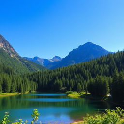 A beautiful landscape featuring a serene lake surrounded by lush green forest, with a clear blue sky and mountains in the background