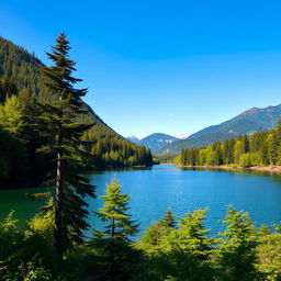 A beautiful landscape featuring a serene lake surrounded by lush green forest, with a clear blue sky and mountains in the background