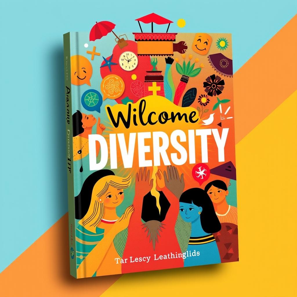 A vibrant and colorful book cover themed around diversity, featuring various symbols and elements representing different cultures, ethnicities, and traditions coming together harmoniously