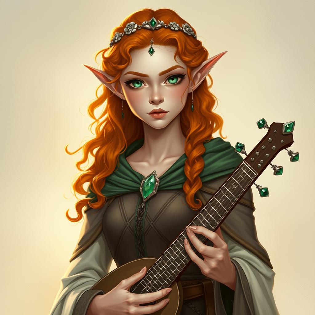 Dungeons and Dragons illustration: a tall, elegant young female elf with a majestic presence