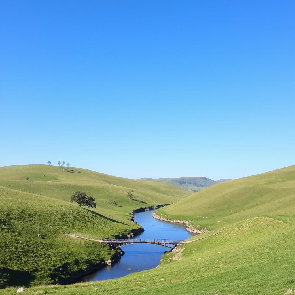 A serene landscape featuring a clear blue sky, rolling green hills, and a calm river flowing through the middle