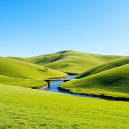 A serene landscape featuring a clear blue sky, rolling green hills, and a calm river flowing through the middle