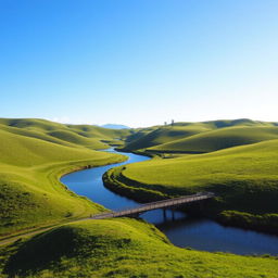 A serene landscape featuring a clear blue sky, rolling green hills, and a calm river flowing through the middle