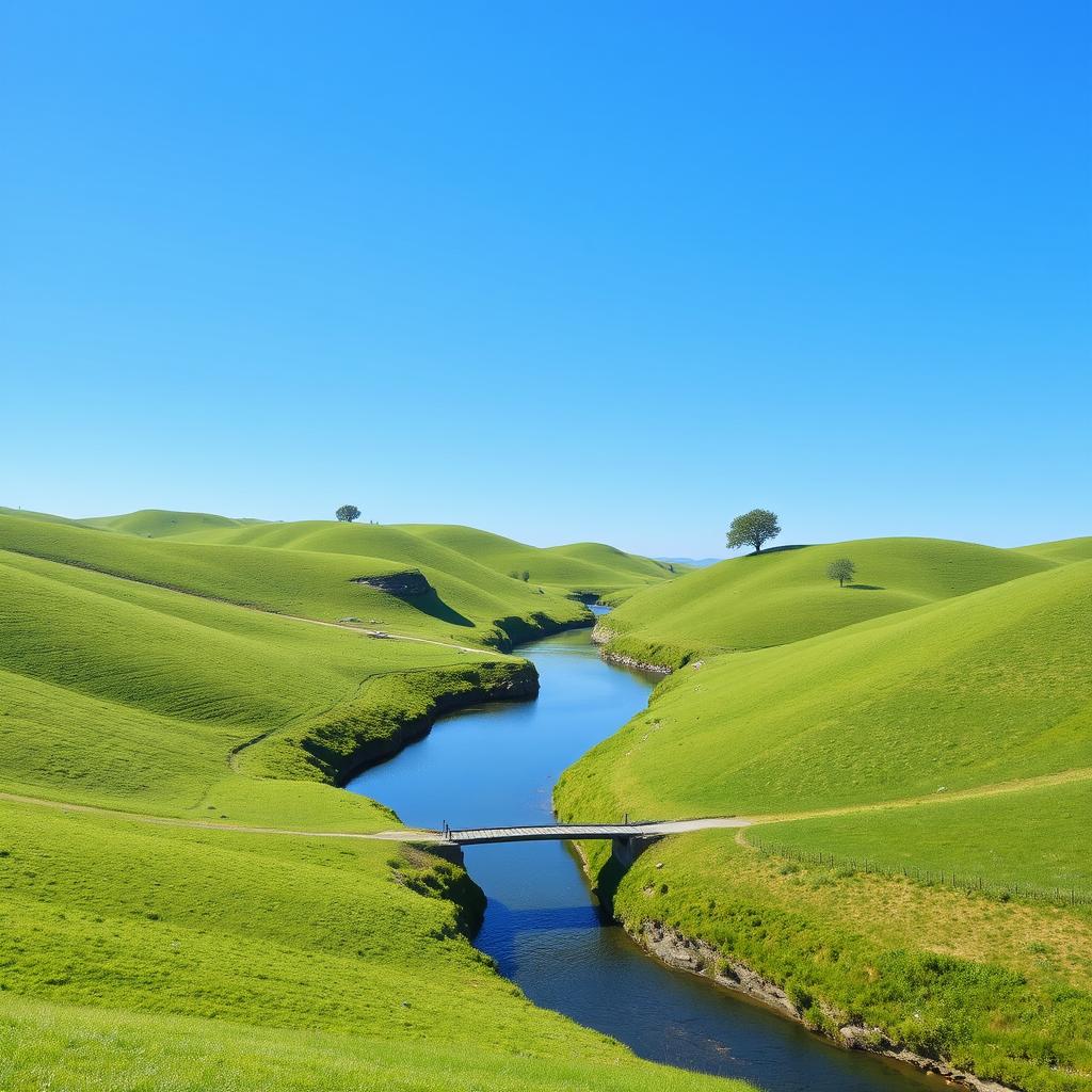 A serene landscape featuring a clear blue sky, rolling green hills, and a calm river flowing through the middle