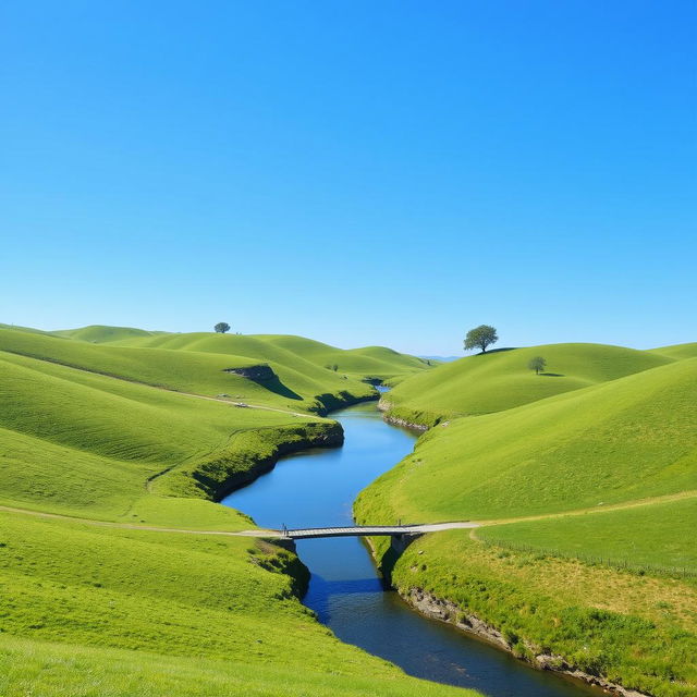 A serene landscape featuring a clear blue sky, rolling green hills, and a calm river flowing through the middle