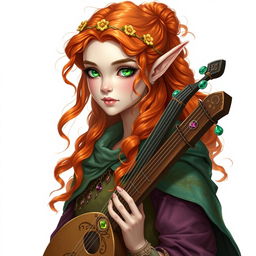 Dungeons and Dragons illustration: a young, tall, and elegant female elf with pale, ethereal skin, bright emerald green eyes, and long, curly, vibrant orange and red hair