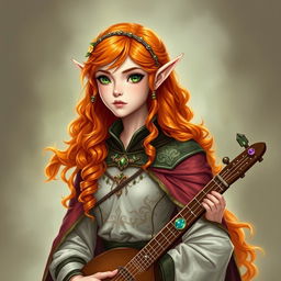 Dungeons and Dragons illustration: a young, tall, and elegant female elf with pale, ethereal skin, bright emerald green eyes, and long, curly, vibrant orange and red hair