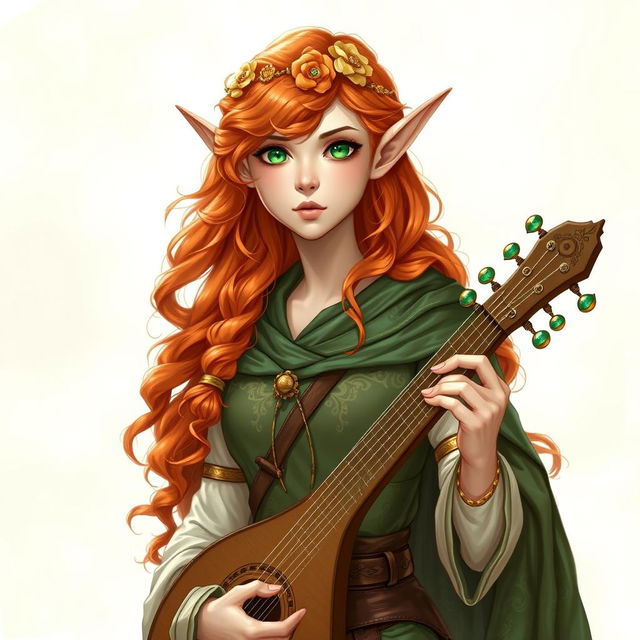 Dungeons and Dragons illustration: a young, tall, and elegant female elf with pale, ethereal skin, bright emerald green eyes, and long, curly, vibrant orange and red hair