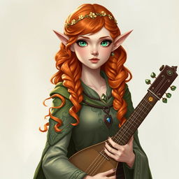 Dungeons and Dragons illustration: a young, tall, and elegant female elf with pale, ethereal skin, bright emerald green eyes, and long, curly, vibrant orange and red hair