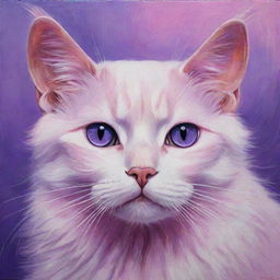 A captivating painting of a pink and purple cat with mesmerizing purple eyes.