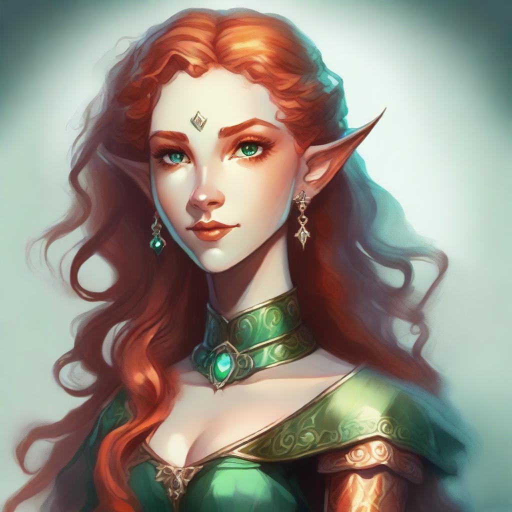 Dungeons and Dragons illustration: a tall and elegant young female elf with a majestic bearing