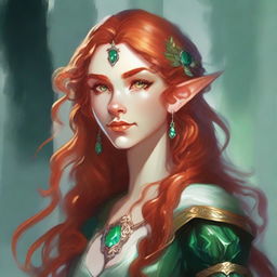 Dungeons and Dragons illustration: a tall and elegant young female elf with a majestic bearing