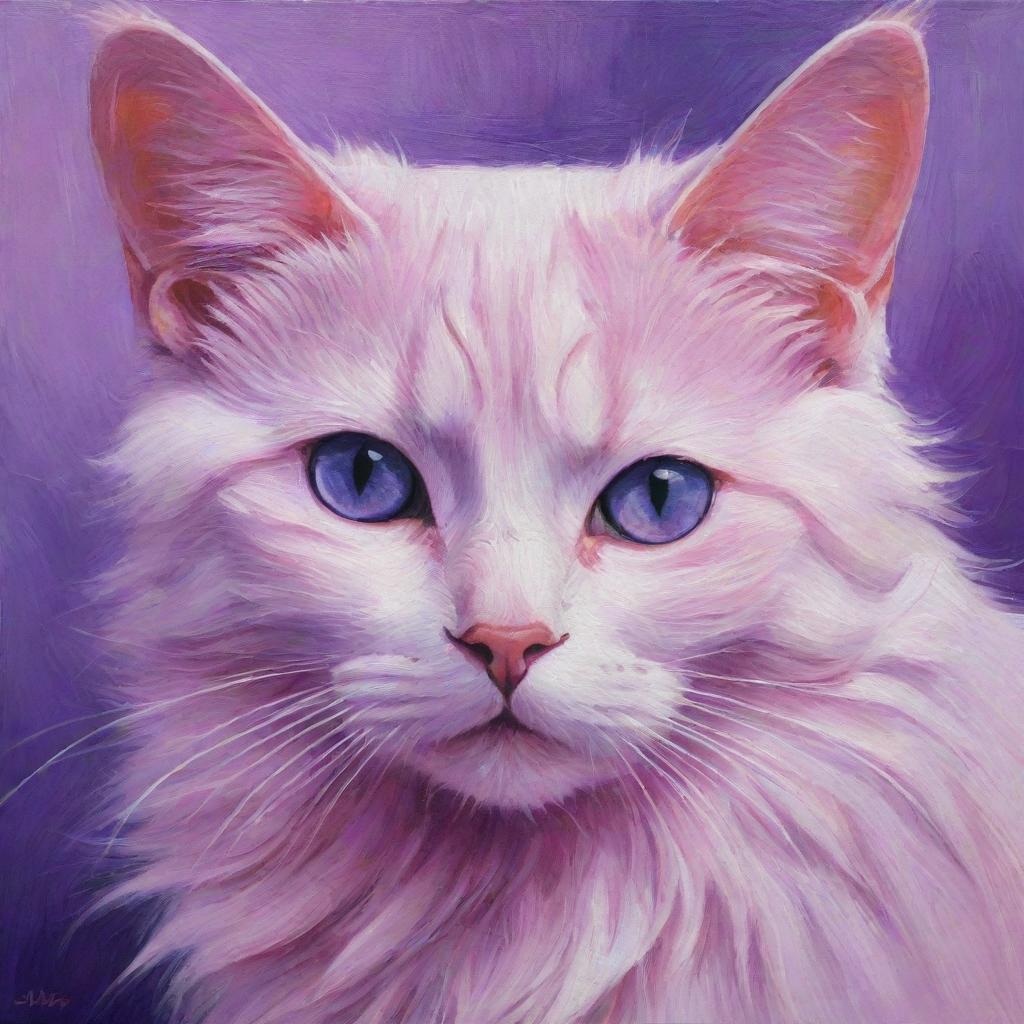 A captivating painting of a pink and purple cat with mesmerizing purple eyes.