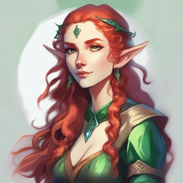 Dungeons and Dragons style illustration: a tall and elegant young female elf with a majestic bearing