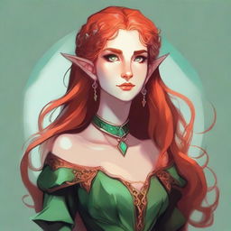 Dungeons and Dragons style illustration: a tall and elegant young female elf with a majestic bearing