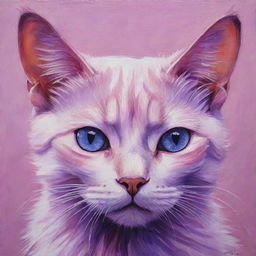 A captivating painting of a pink and purple cat with mesmerizing purple eyes.