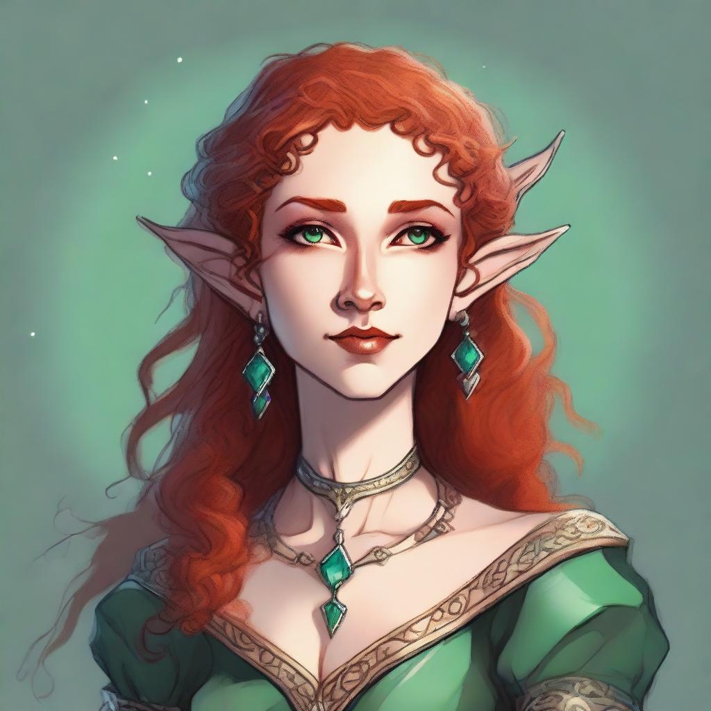 Illustration in Dungeons and Dragons style: a tall and elegant young female elf, distinguished by her majestic bearing