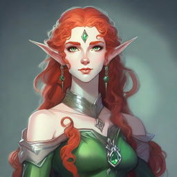 Illustration in Dungeons and Dragons style: a tall and elegant young female elf, distinguished by her majestic bearing