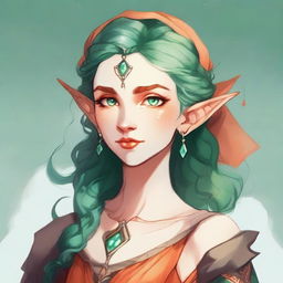 Illustration style Dungeons and Dragons: Female, a tall and elegant young elf with a majestic bearing