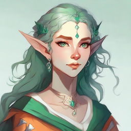 Illustration style Dungeons and Dragons: Female, a tall and elegant young elf with a majestic bearing