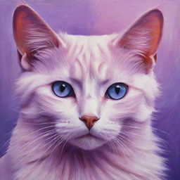 A captivating painting of a pink and purple cat with mesmerizing purple eyes.