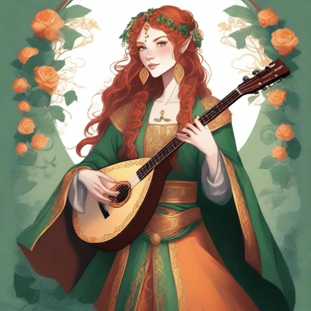 Dungeons and Dragons style illustration: a young, tall, and elegant female elf with pale, ethereal skin, bright emerald green eyes, and long, curly, vibrant orange and reddish hair