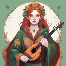 Dungeons and Dragons style illustration: a young, tall, and elegant female elf with pale, ethereal skin, bright emerald green eyes, and long, curly, vibrant orange and reddish hair