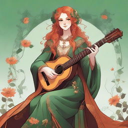 Dungeons and Dragons style illustration: a young, tall, and elegant female elf with pale, ethereal skin, bright emerald green eyes, and long, curly, vibrant orange and reddish hair