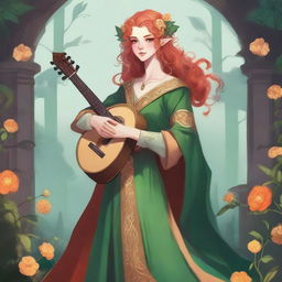 Dungeons and Dragons style illustration: a young, tall, and elegant female elf with pale, ethereal skin, bright emerald green eyes, and long, curly, vibrant orange and reddish hair