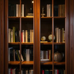 A bookshelf with a glass front, showcasing neatly arranged books and decorative items