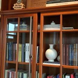 A bookshelf with a glass front, showcasing neatly arranged books and decorative items