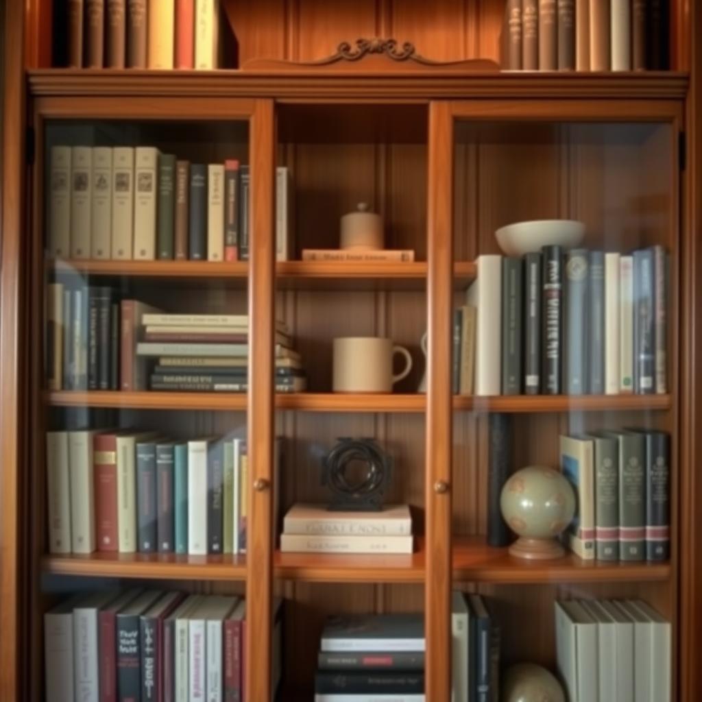 A bookshelf with a glass front, showcasing neatly arranged books and decorative items