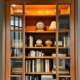 A bookshelf with a glass front, showcasing neatly arranged books and decorative items