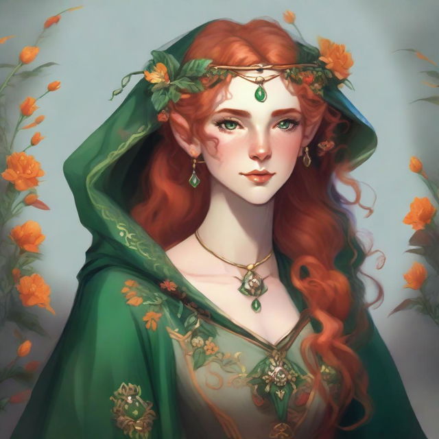 Dungeons and Dragons illustration: a young, tall, and elegant female elf with pale, ethereal skin, bright emerald green eyes, and long, curly, vibrant orange and red hair