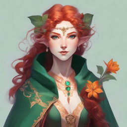 Dungeons and Dragons illustration: a young, tall, and elegant female elf with pale, ethereal skin, bright emerald green eyes, and long, curly, vibrant orange and red hair